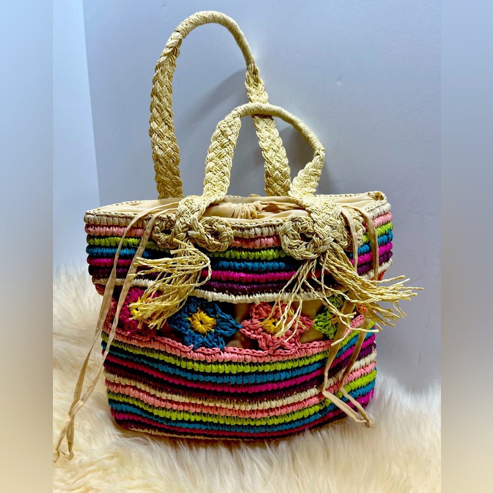 Woven Raffia Colorful Tote wStripes & Flowers on NeutralTone Raffia Shoulder Bag